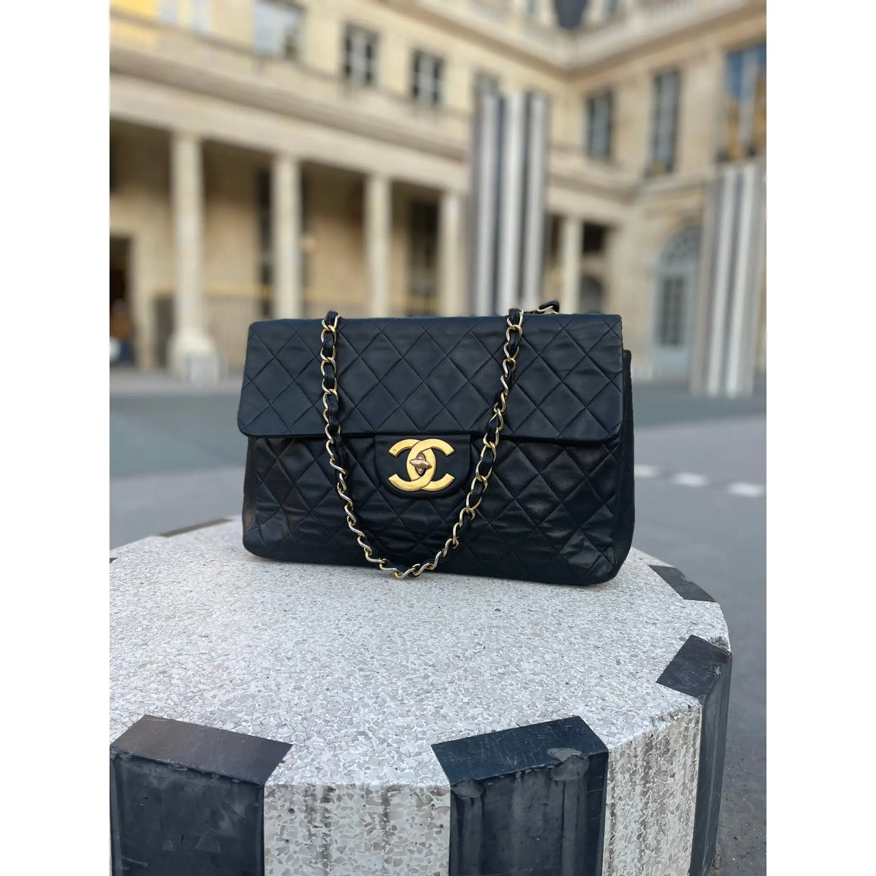 CHANEL Black Lambskin Quilted Leather 24K Gold Plated Shoulder Maxi/Jumbo Flap