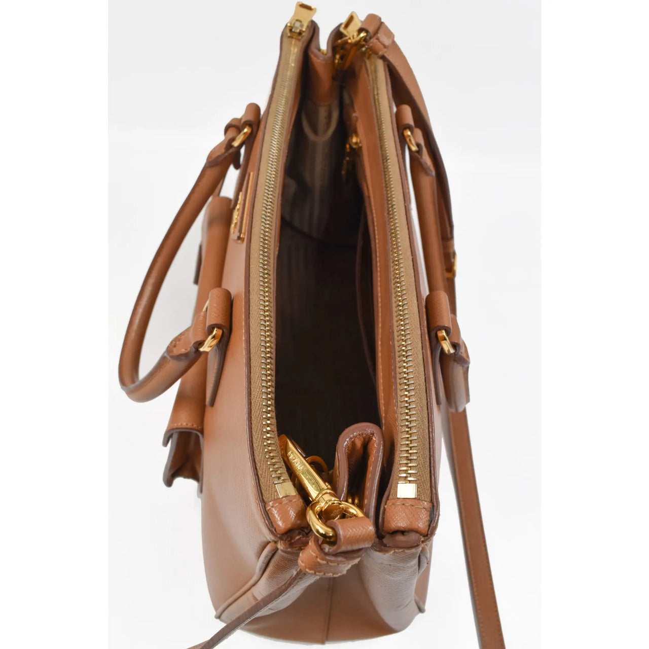 Prada Camel Saffiano Leather Front Pocket Double Zip Tote