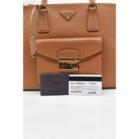Thumbnail for Prada Camel Saffiano Leather Front Pocket Double Zip Tote