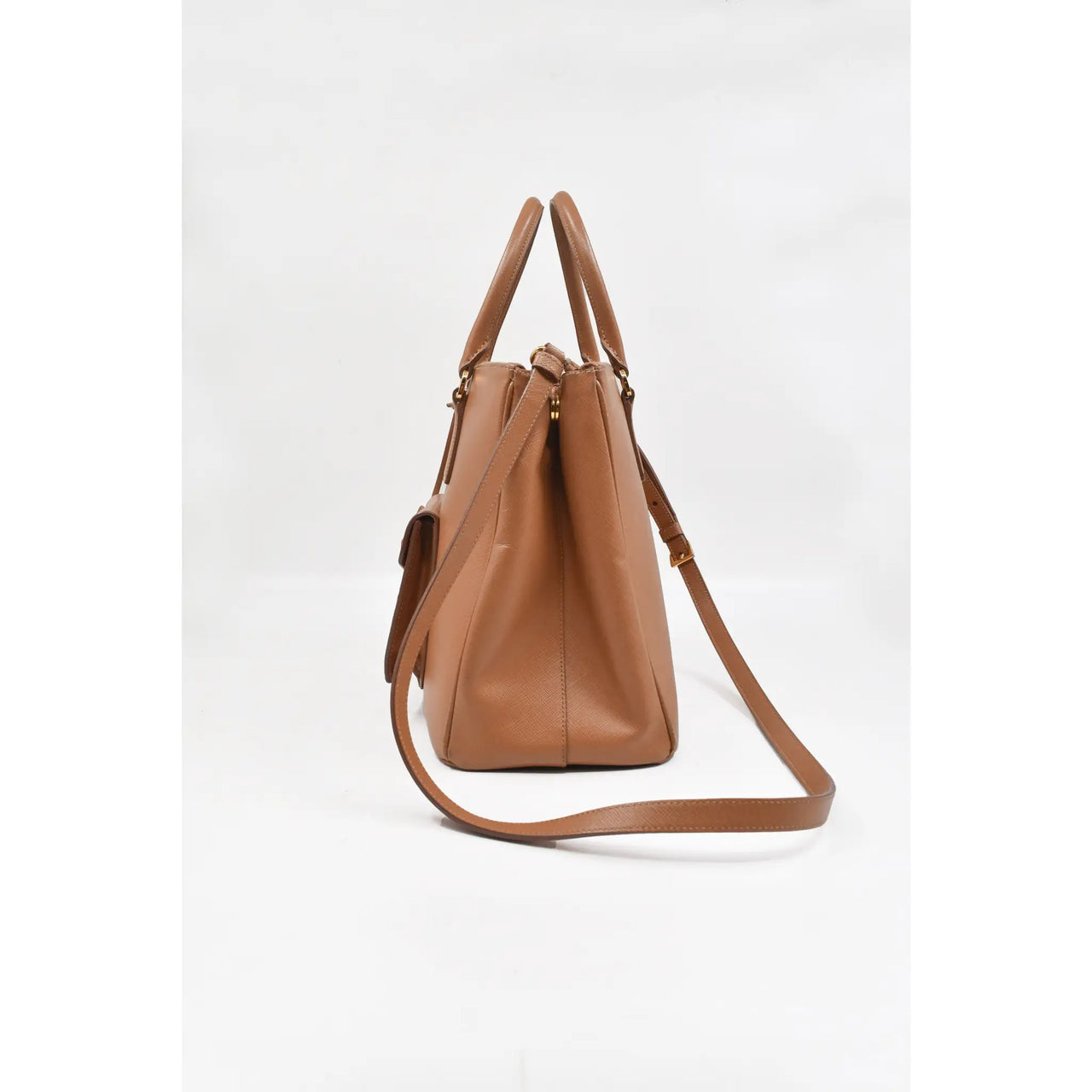 Prada Camel Saffiano Leather Front Pocket Double Zip Tote