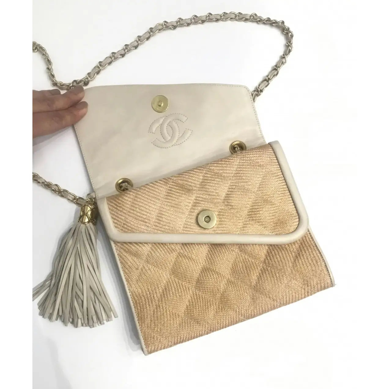 Chanel Vintage Natural Raffia And Brown Leather CC Tote Gold